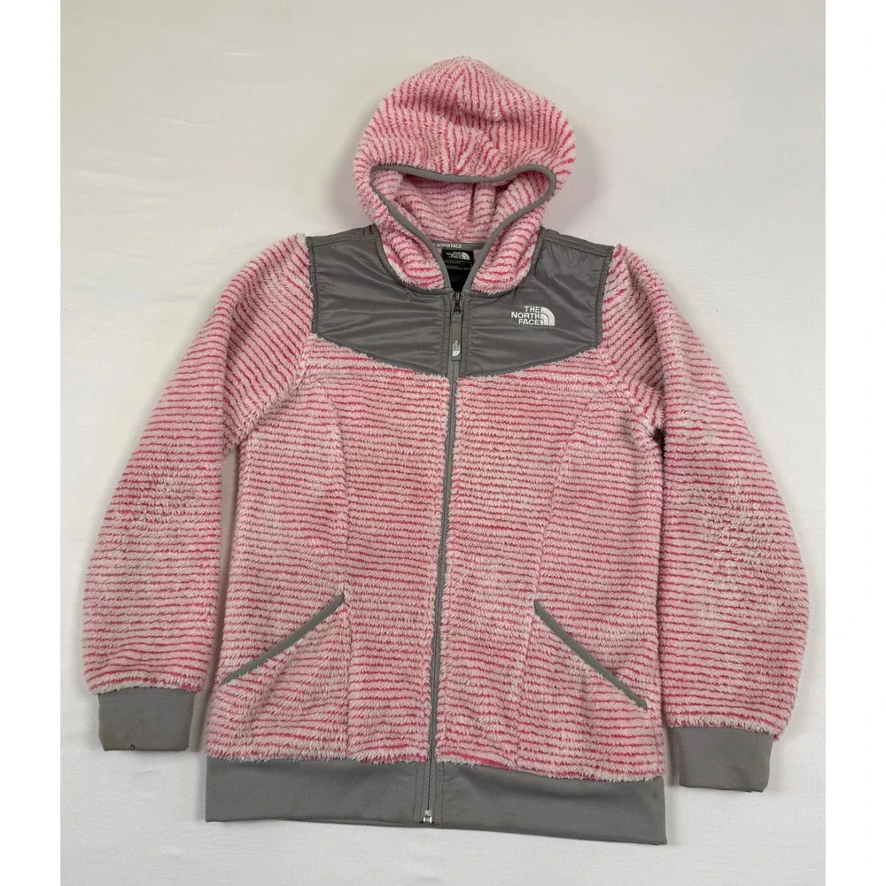 The North Face Girls Pink White Striped Full Zip Hooded‎ Fleece Jacket L (14/16)